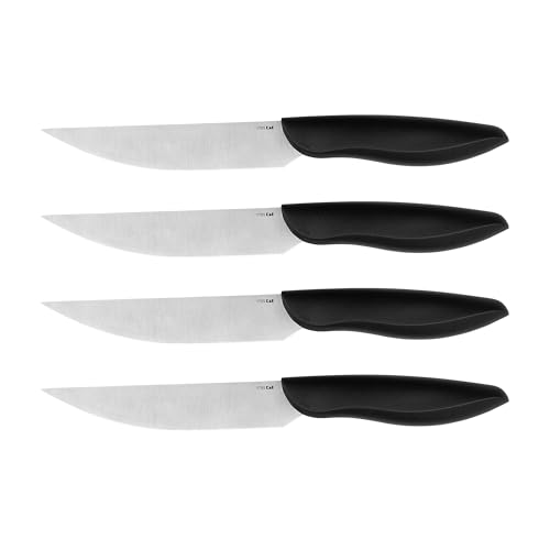 Kershaw 4-Piece Serrated Steak Knife Set - 5" Blades of German Stainless Steel with 16° Single-Bevel Edge, Satin Finish, Black Polypropylene Ergonomic Handles