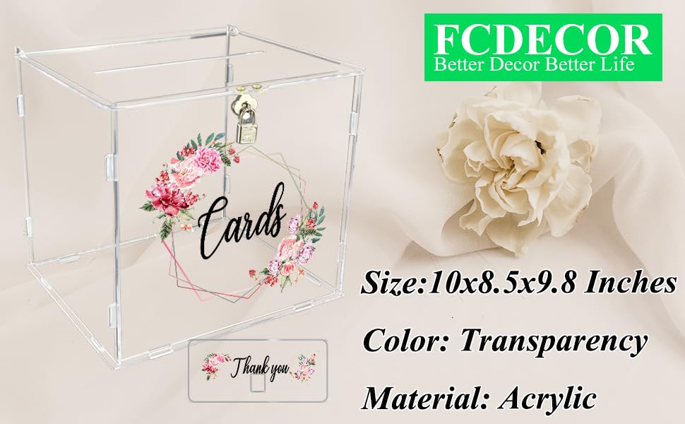 FCDECOR Acrylic Wedding Card Box with Lock, Clear Card Boxes for Wedding Reception DIY Gift Card Box for Wedding with Slot, Baby Showers, Birthdays, Bridal, Graduation Party Supplies