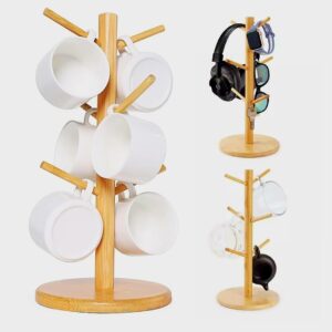 NAWAZJEE Coffee Cup Holder Coffee Cup Stand Coffee Mug Tree Wooden Coffee Cup Holder for Countertop Thick Base Coffee Mug Holder with 6 Hooks Mug Stand Mug Rack Space Saver