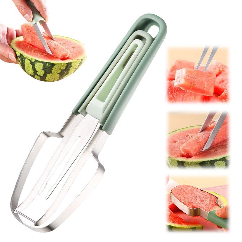 3-in-1 Watermelon Fork Slicer Cutter, 2024 New Stainless Steel Watermelon Windmill Cutter, 3 In 1 Summer Watermelon Cutting Tool Fork Slicer Knife Set for Kitchen, Camping, picnicking(Green)