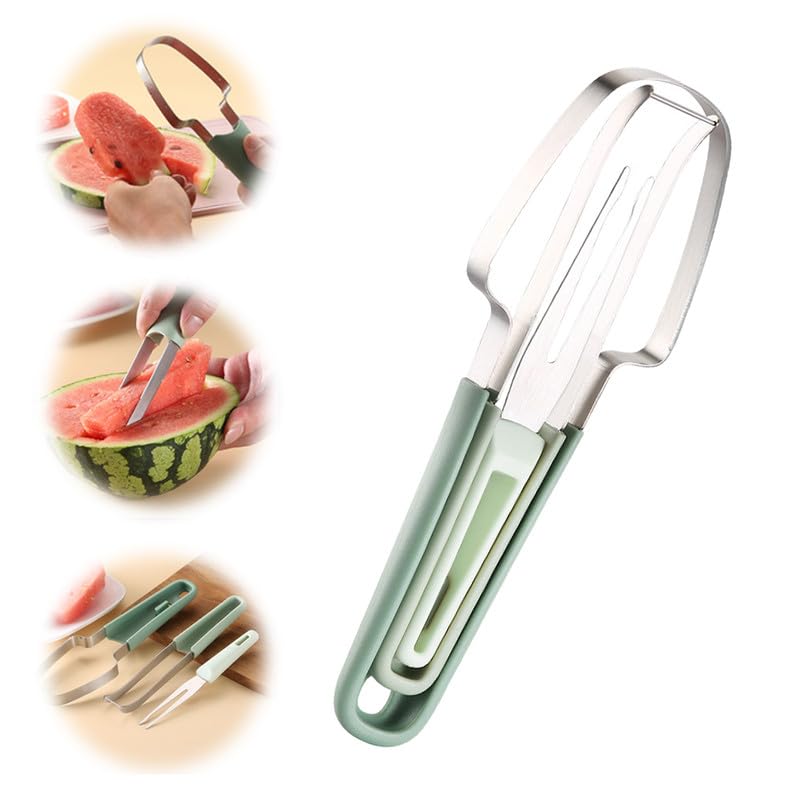 3-in-1 Watermelon Fork Slicer Cutter, 2024 New Stainless Steel Watermelon Windmill Cutter, 3 In 1 Summer Watermelon Cutting Tool Fork Slicer Knife Set for Kitchen, Camping, picnicking(Green)