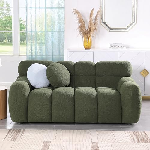 ERYE Modern Living Room Deep Seat Loveseat Overstuffed Memory Foam Cloud Love Sofa Comfy Sherpa Boucle 2 Seater Couch with 2 Pillows for Home,Office,Apartment,Company and Lobby, 65", Olive Green