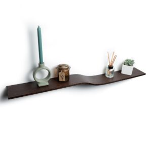 ewart woods floating shelf wall mounted, walnut hanging shelving, curved living room decor, wooden bracketless etagere, wavy bookshelf geometric (walnut, medium (35.4in))