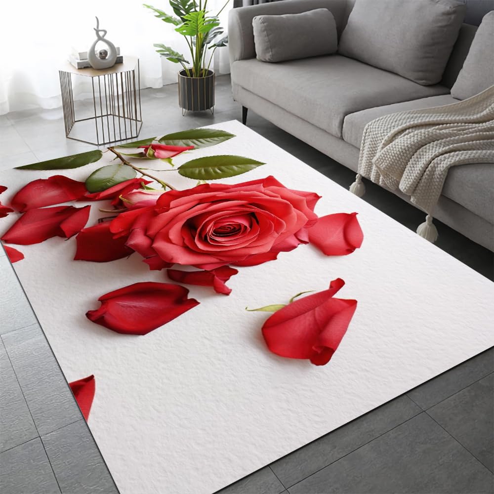 Flannel Oblong Red Romantic Rose Flower Rugs 5x7ft, Green Plant Leaves 3D Carpet Machine Washable Soft Anti Slip Rugs for Living Room Bedroom Home Office Kitchen Boy Girl Room