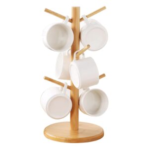 NAWAZJEE Coffee Cup Holder Coffee Cup Stand Coffee Mug Tree Wooden Coffee Cup Holder for Countertop Thick Base Coffee Mug Holder with 6 Hooks Mug Stand Mug Rack Space Saver