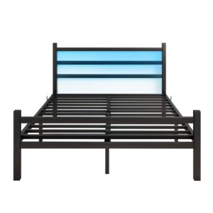 Maliacife Full Bed Frame with Headboard and Footboard,Metal Platform Double Bed Frame with Charging Station and LED, Steel Slats Mattress Foundation, No Box Spring Needed,Noise Free, Black