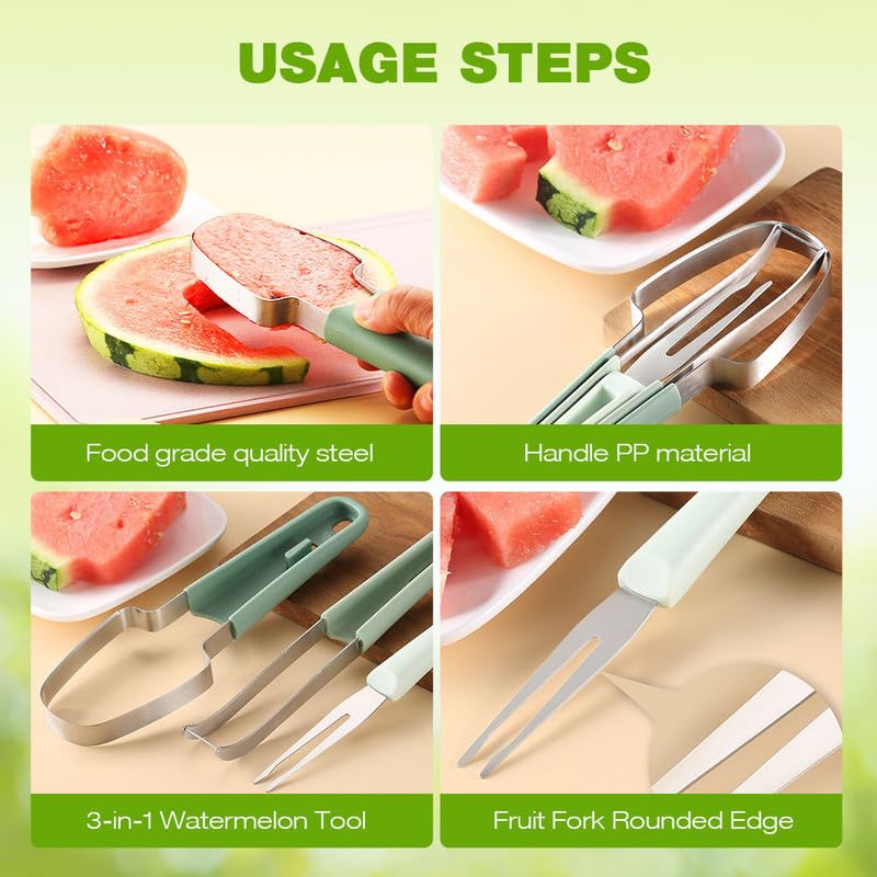 3-in-1 Watermelon Fork Slicer Cutter, 2024 New Stainless Steel Watermelon Windmill Cutter, 3 In 1 Summer Watermelon Cutting Tool Fork Slicer Knife Set for Kitchen, Camping, picnicking(Green)