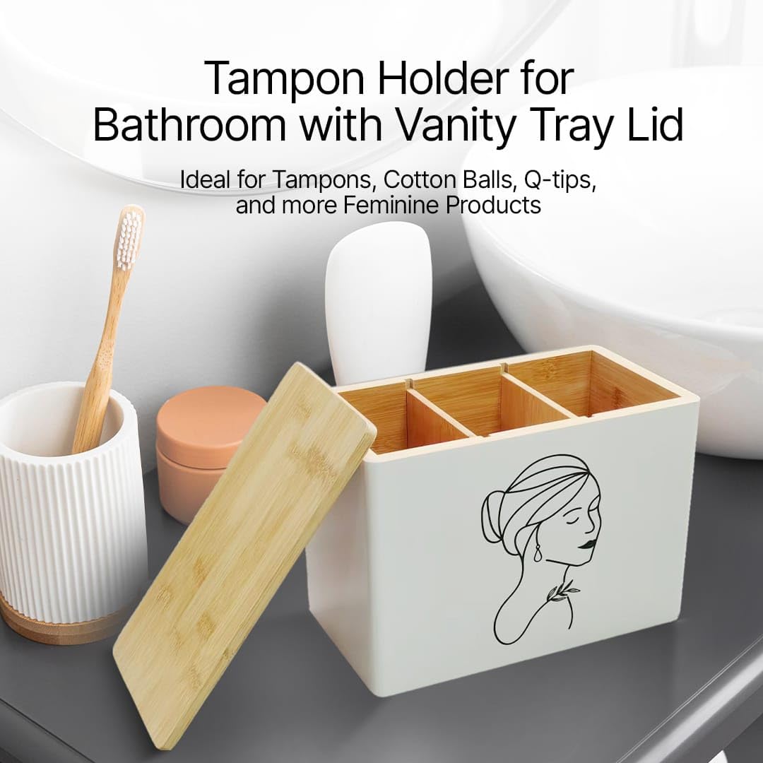 prime sell - Tampon Holder for Bathroom Wooden Farmhouse, Tampon Organizer with Makeup Pouch and Lid, 3-Compartment Feminine Product Organizer - Lady Stuff Box for Bathroom Decor Accessories