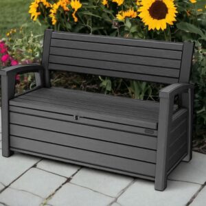 Generic Hudson Stylish and Plastic Outdoor Storage Bench, Perfect for organizing Garden Tools and Accessories While Providing Extra 2 Seating in Graphite Gray