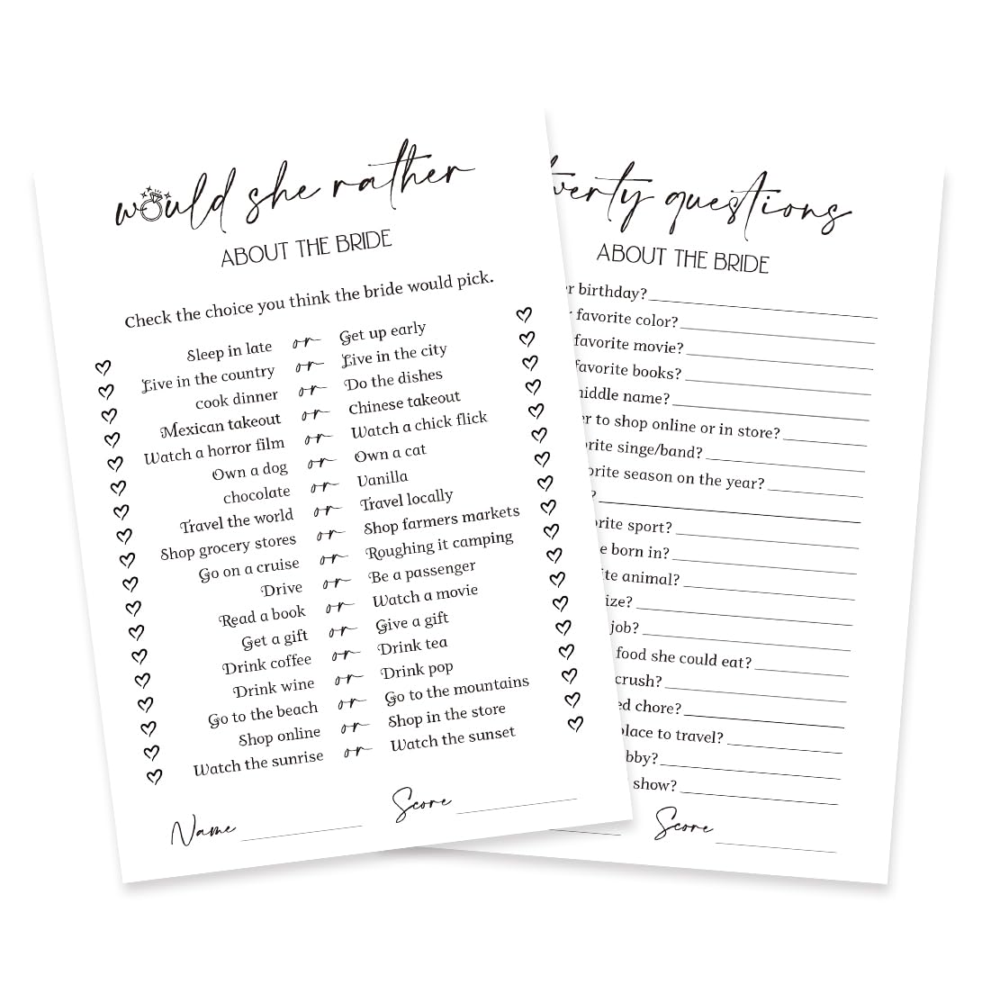 Minimalism Bridal Shower Game Cards, Wedding Shower Game Cards for 50 Guests, Double-Sided Game Cards, Would She Rather About The Bride Game and Twenty Questions About The Bride(xnbs09)