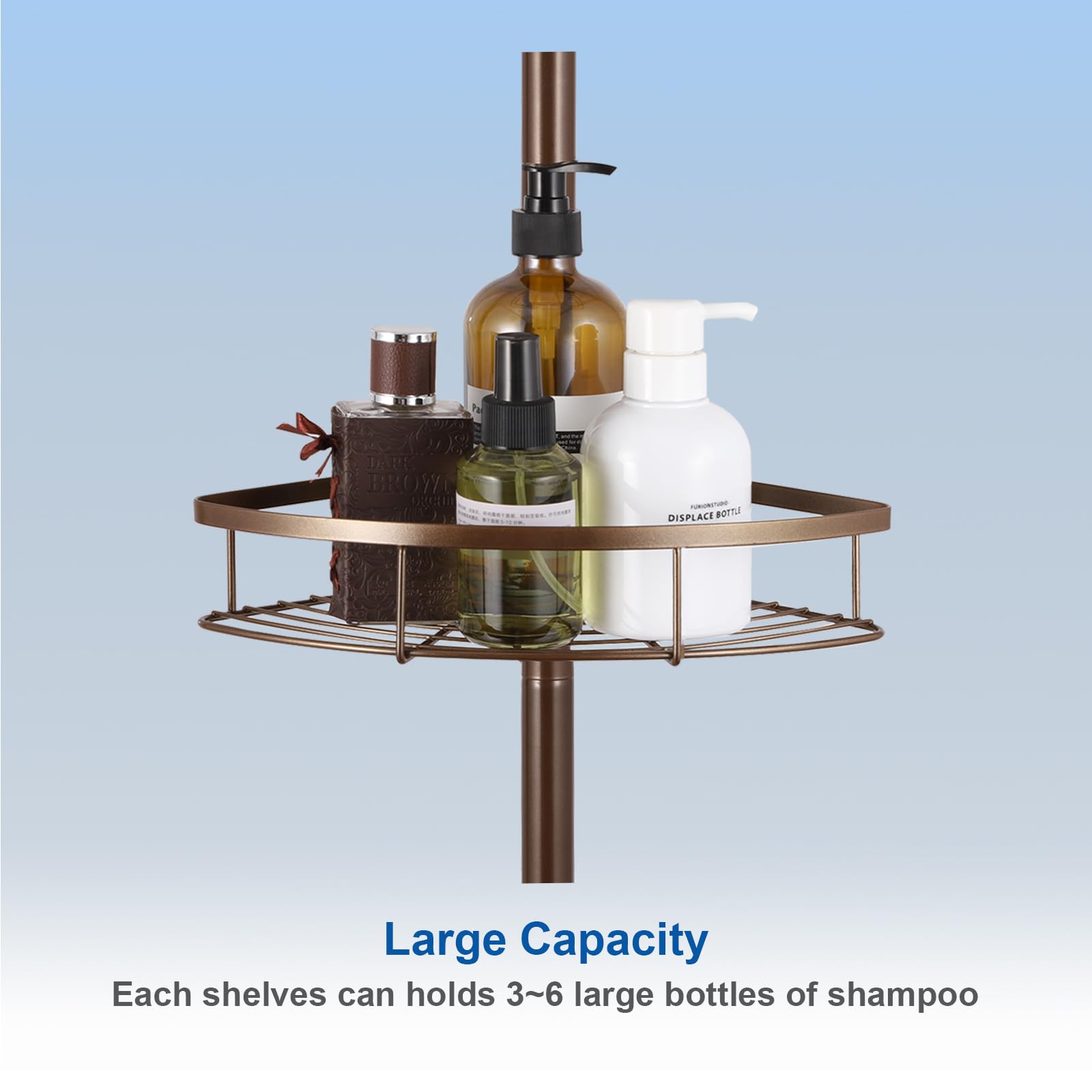 Xiarnotogi corner shower caddy tension pole, Stainless Steel bathroom organizer, 4 Baskets Bathtub Shampoo Storage Shelves for inside shower, Height Adjustable from 45 to 112 Inch (Bronze)