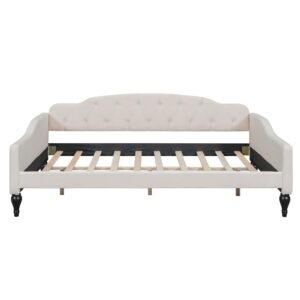 Acosure Full Size Upholstered Daybed,Linen Sofa Bed with Button Tufted Back & Nailhead Decorated Waved Shape Arms,Slat Support,No Spring Box Need,Bedframe for Bedroom Livingroom Small Space,Beige