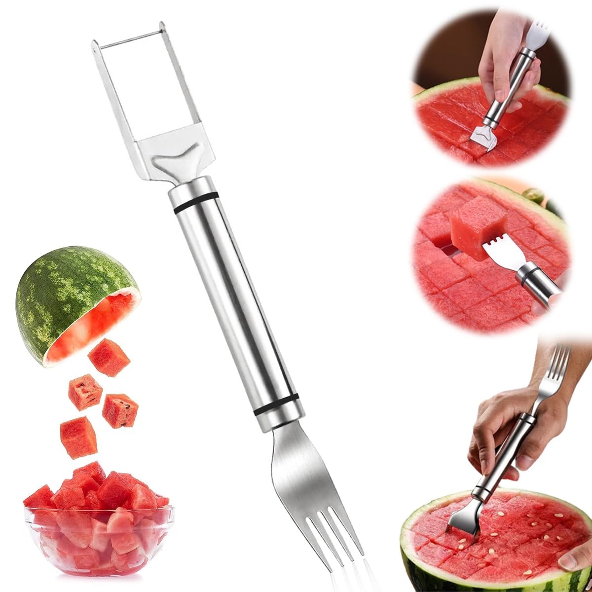 2-in-1 Stainless Steel Fruit Cutter，2024 New Upgrade Watermelon Fork Slicer Cutter Slicer Tool，Portable Watermelon Fork Watermelon Cutter Slicer Tool Fruit Forks Slicer for Home Party Camping Kitchen