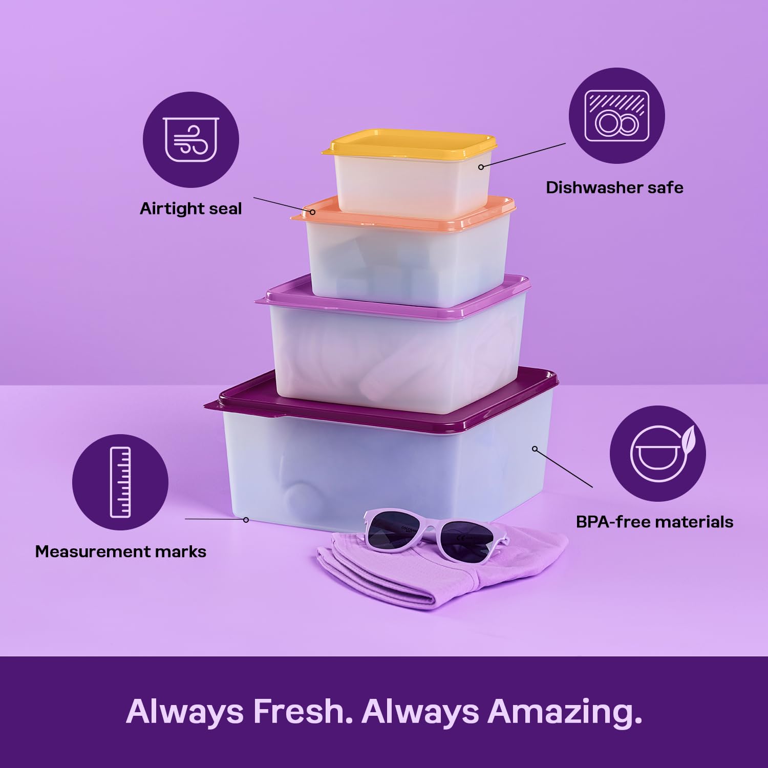 Tupperware Keeptabs 4-Container Stacking Food Storage Set - Multi Color Lids, Nestable, Dishwasher Safe & BPA Free