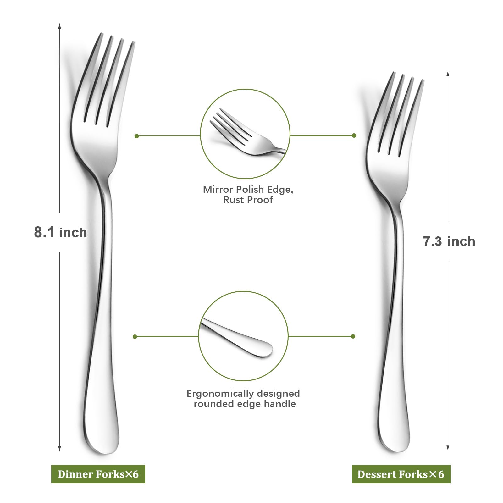 Stainless Steel Forks Set, 6PCS 8.1inch Forks and 6PCS 7.3inches Forks, Set of 12 Top Food Grade Silverware Forks, Mirror Polished & Dishwasher Safe