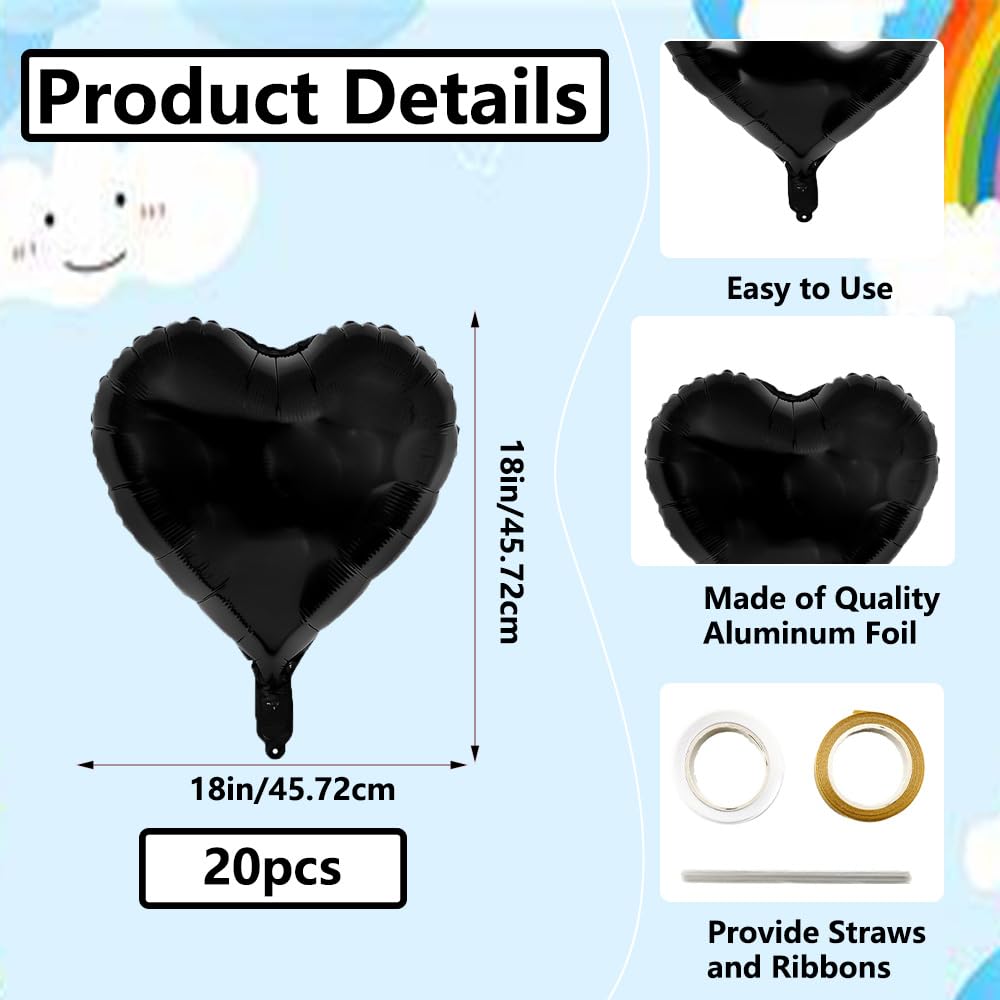 Xiuhusha Black Heart Balloons 20pcs 18Inch Heart Foil Mylar Balloons Black Balloons Black Party Decorations Love Balloons Heart Balloons for Valentine's Day Birthday Party Wedding Baby Shower