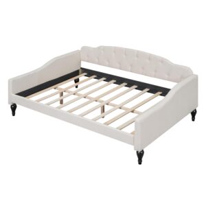 Acosure Full Size Upholstered Daybed,Linen Sofa Bed with Button Tufted Back & Nailhead Decorated Waved Shape Arms,Slat Support,No Spring Box Need,Bedframe for Bedroom Livingroom Small Space,Beige