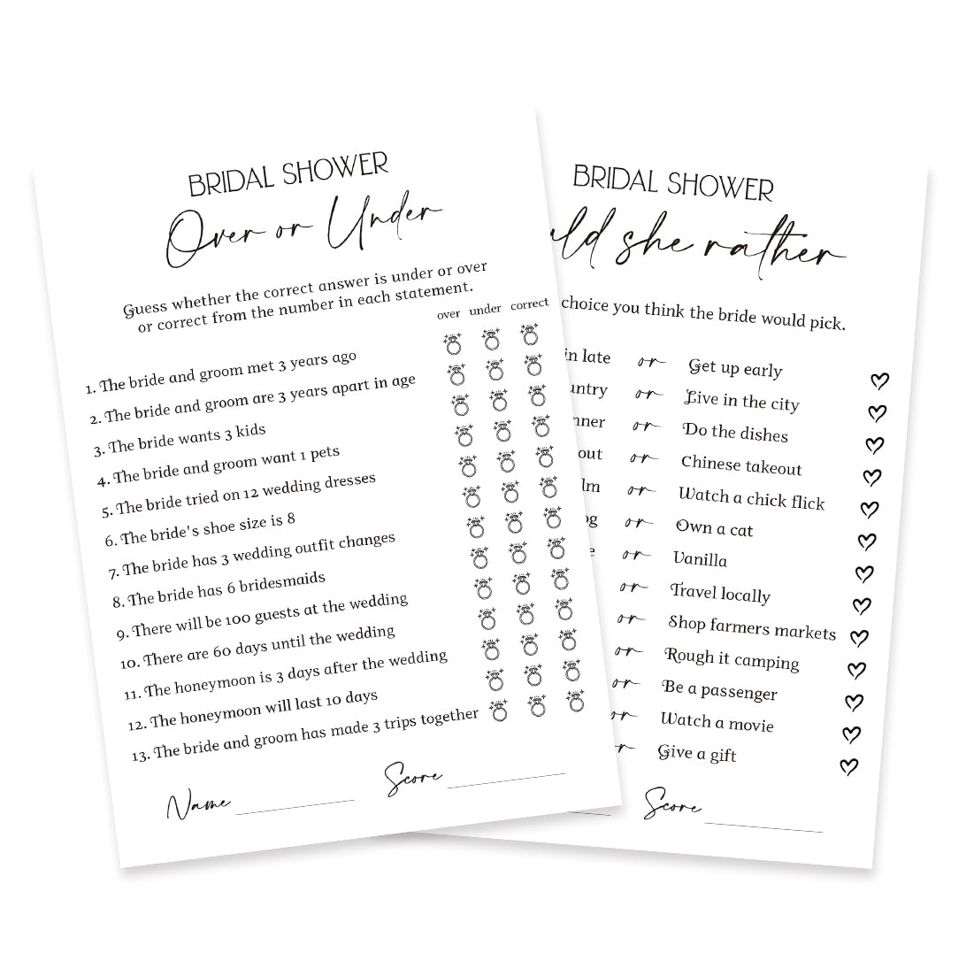 Tuiemie Minimalism Bridal Shower Game Cards, Wedding Shower Game Cards for 50 Guests, Double-Sided Game Cards, Over or Under Game and Would She Rather Game(xnbs04)