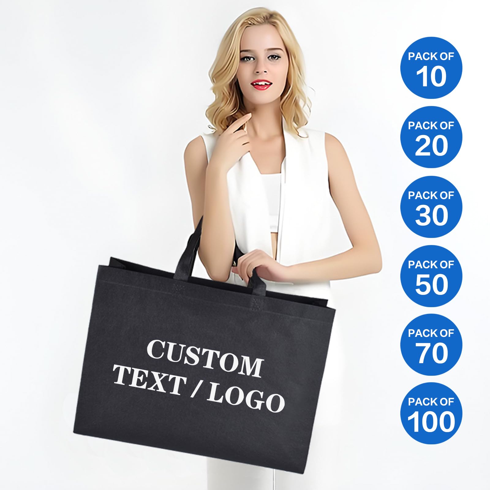 Scanect Custom Tote Bags 100 Pack, Personalized Logo Text, Bulk Grocery Bags, Reusable Shopping Bags Black