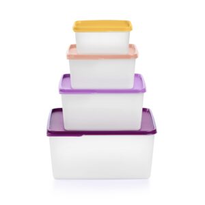 tupperware keeptabs 4-container stacking food storage set - multi color lids, nestable, dishwasher safe & bpa free