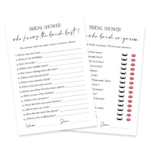 minimalism bridal shower game cards, wedding shower game cards for 50 guests, double-sided game cards, who knows the bride best game and guess who bride or groom game(xnbs05)