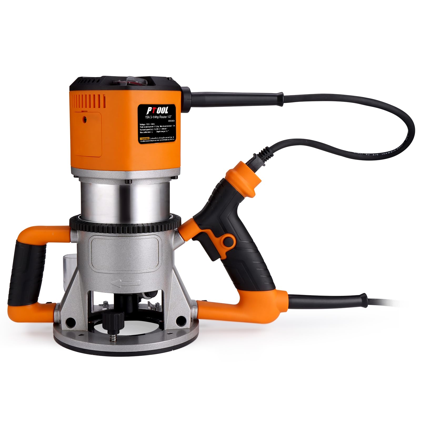 PTOOL 3.25HP/15A Fixed Base Router, Soft Start, 6 Variable Speed from 10000 to 21000RPM, Precise Depth Adjustment, 1/2" Collet, 4.2" Diameter, 3-1/4 HP Industrial Router, Model PT-001