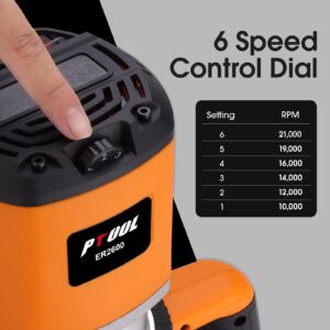 PTOOL 3.25HP/15A Fixed Base Router, Soft Start, 6 Variable Speed from 10000 to 21000RPM, Precise Depth Adjustment, 1/2" Collet, 4.2" Diameter, 3-1/4 HP Industrial Router, Model PT-001