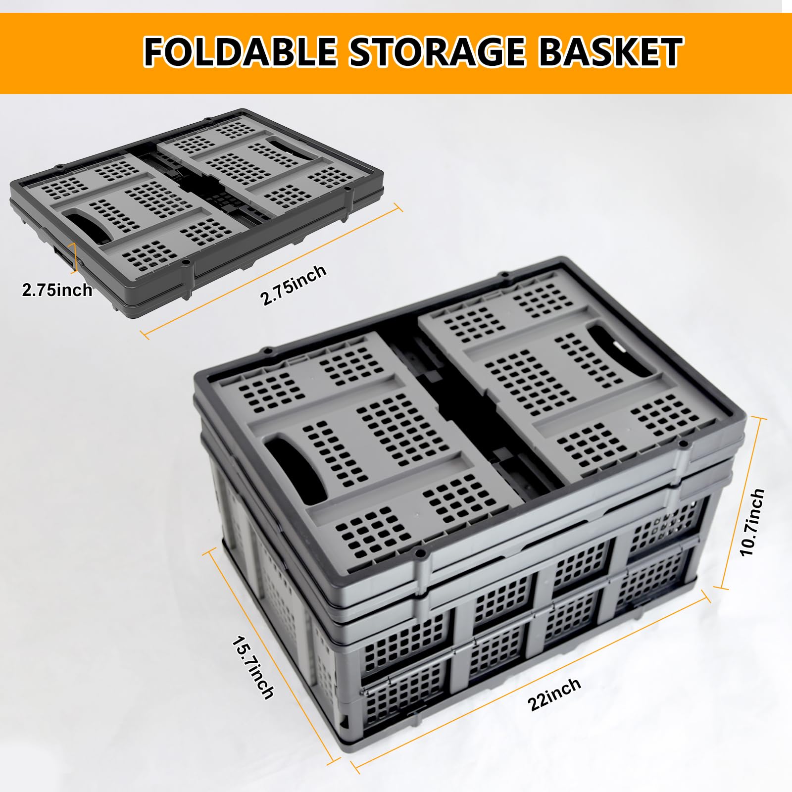 Plastic Storage Basket 50L, Foldable Storage Bin Organizer, Collapsible Milk Crates Heavy Duty Transit Storage, Hand Trucks Stackable Folding Crate Plastic Folding Baskets for Farm Home