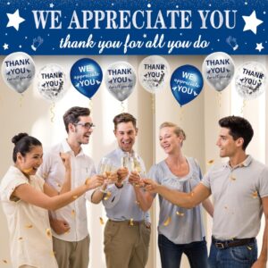 We Appreciate You Decorations Blue Silver Appreciate You Banner with 18 pcs Balloons Thank You Yard Sign for Teacher Employee Staff Poaster Doctors Nurse Volunteer Appreciation Week Party Decor