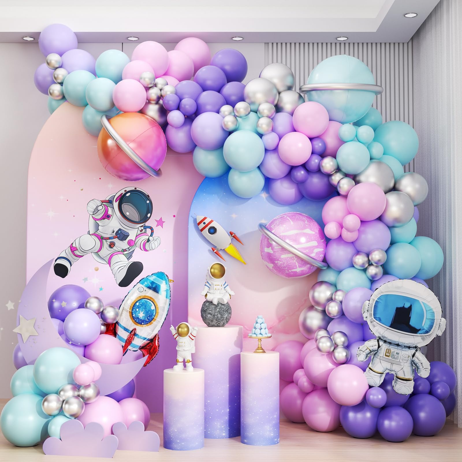 161pcs Space Balloons Arch Kit Outer Space Party Decorations with Space Astronaut Rocket Pink and Purple Balloons Space Themed Birthday Party Baby Shower Decorations