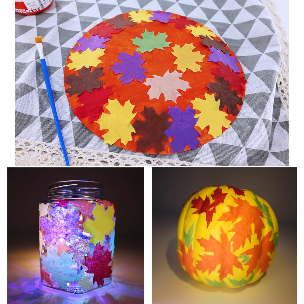 Exquiss 3200pcs Fall Crafts Kits Autumn Leaf Shape Tissue Paper for Kids’ Creative Fall Craft Fall Luminaries Mason Jar Leaf Lantern Arts Thanksgiving Halloween Art