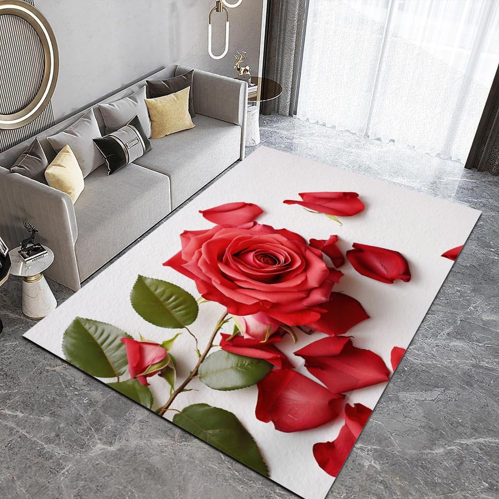 Flannel Oblong Red Romantic Rose Flower Rugs 5x7ft, Green Plant Leaves 3D Carpet Machine Washable Soft Anti Slip Rugs for Living Room Bedroom Home Office Kitchen Boy Girl Room