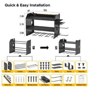 CRST Power Tool Organizer Wall Mount with Charging Station, Cordless Drill Holder with 8-Outlet Heavy Duty Power Strip, Modular Garage Organization Storage Rack Shelf, DIY Pegboard, Gift for Men Black