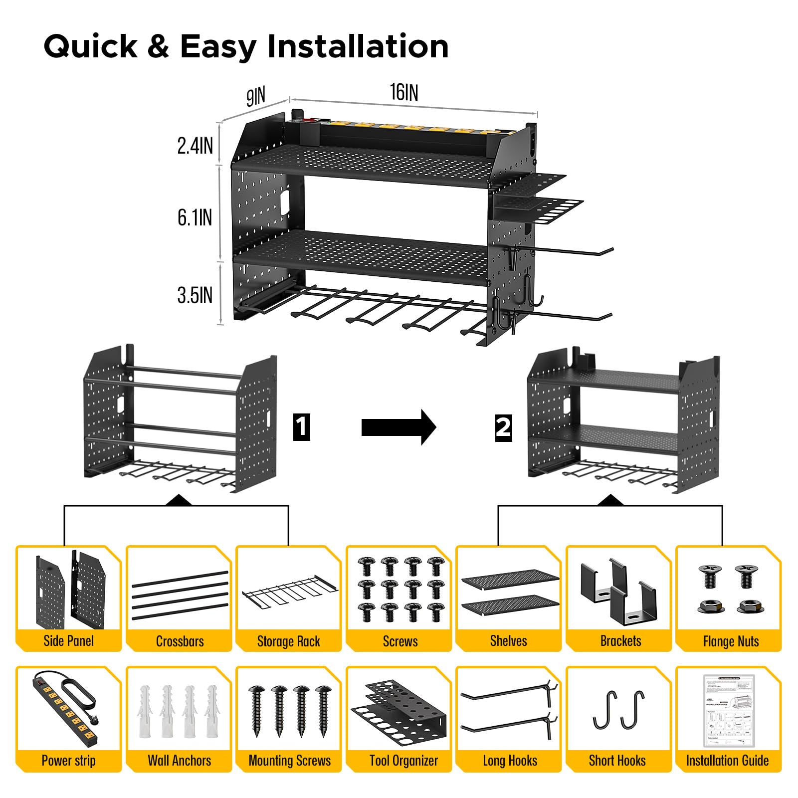 CRST Power Tool Organizer Wall Mount with Charging Station, Cordless Drill Holder with 8-Outlet Heavy Duty Power Strip, Modular Garage Organization Storage Rack Shelf, DIY Pegboard, Gift for Men Black