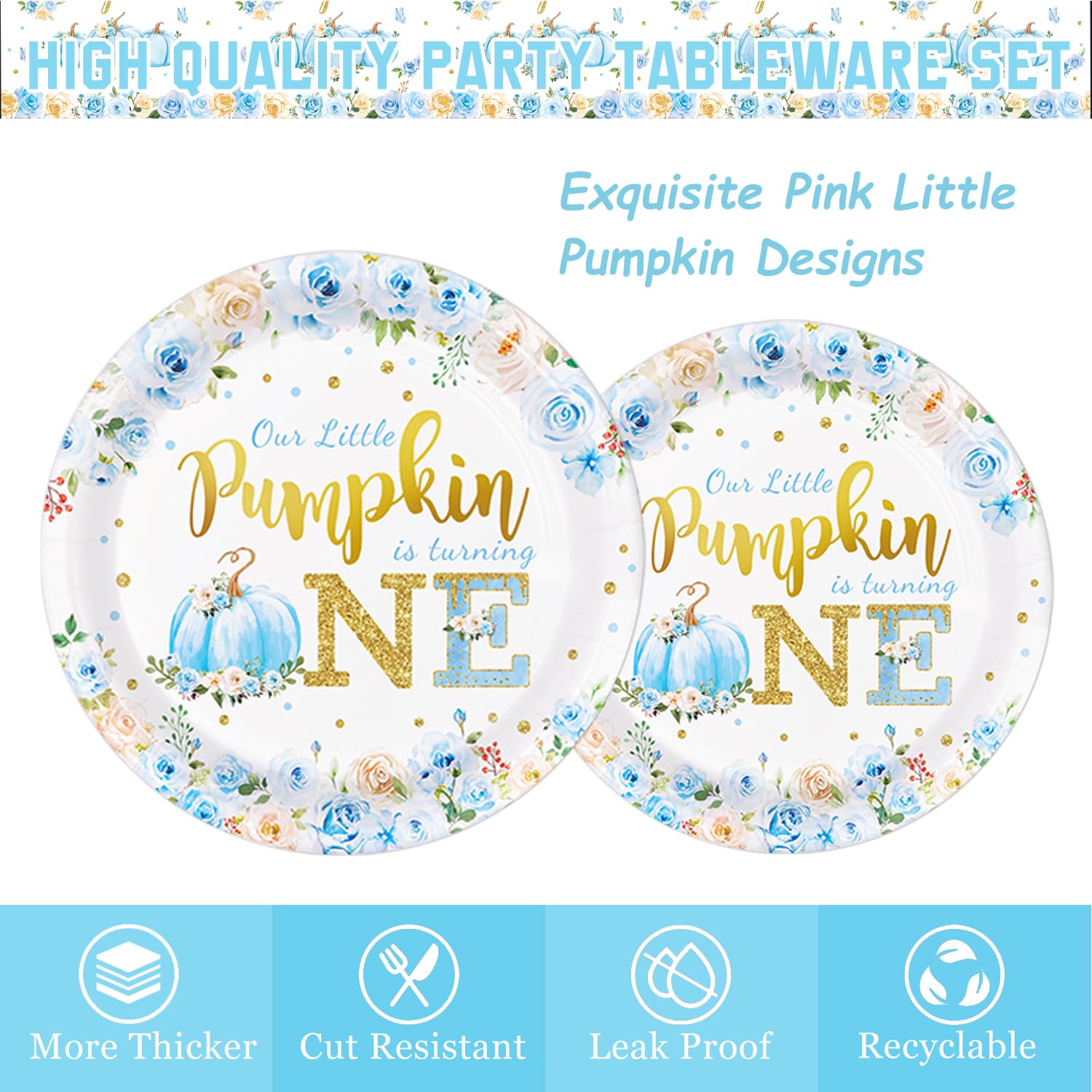 Little Pumpkin First Birthday Decorations - Little Pumpkin is Turning One Decorations Set Includes Plates, Napkins, Cups, Forks, Tablecloth, Banner fo Boy Pumpkin Birthday Decorations, Serves 24