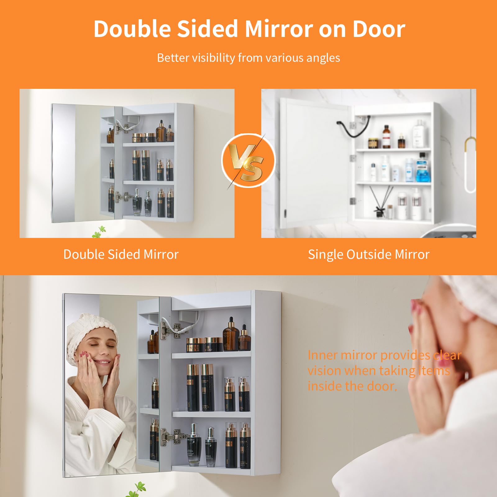 VINGLI LED Medicine Cabinet with Defogging Mirror, Double-Sided Mirror Door, Shatter-Proof Glass & ENF Rated Wood, Surface Mounted &Recessed Bathroom Wall Cabinet,16 Inch