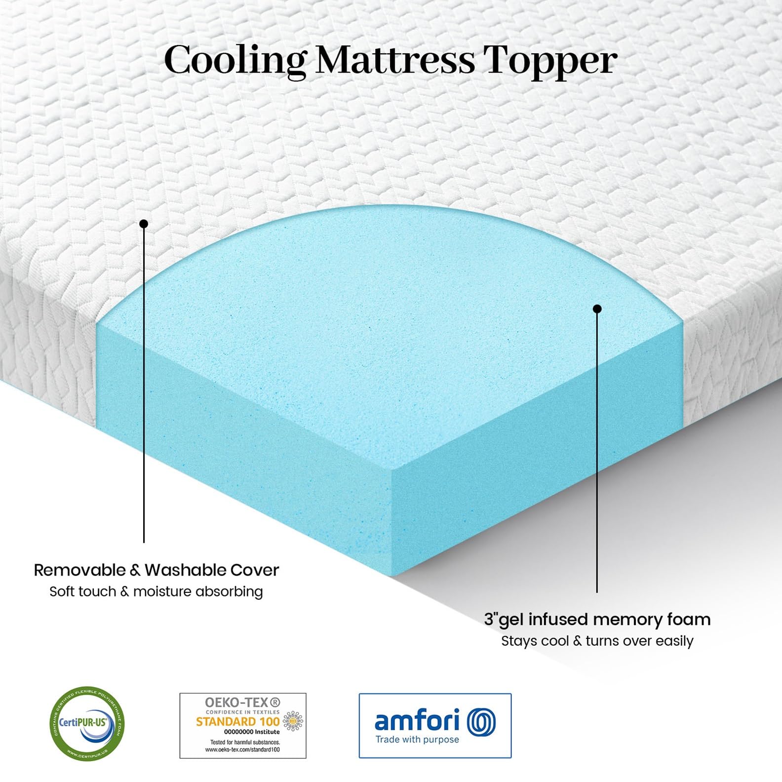 3 Inch Gel Memory Foam Mattress Topper Twin Size, Cooling Bed Topper with Removable Bamboo Soft Cover, CertiPUR-US Certified