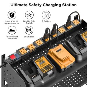 CRST Power Tool Organizer Wall Mount with Charging Station, Cordless Drill Holder with 8-Outlet Heavy Duty Power Strip, Modular Garage Organization Storage Rack Shelf, DIY Pegboard, Gift for Men Black