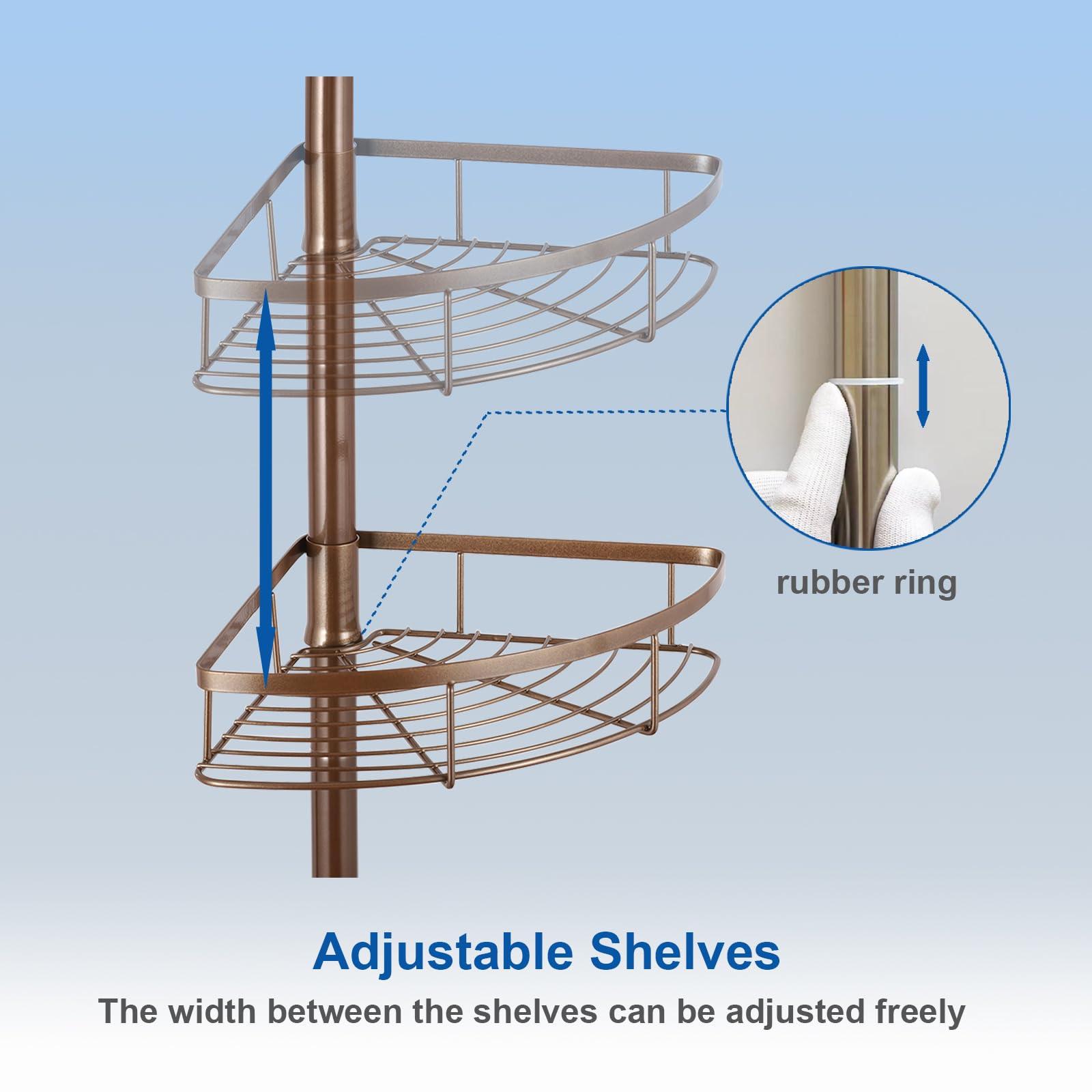 Xiarnotogi corner shower caddy tension pole, Stainless Steel bathroom organizer, 4 Baskets Bathtub Shampoo Storage Shelves for inside shower, Height Adjustable from 45 to 112 Inch (Bronze)