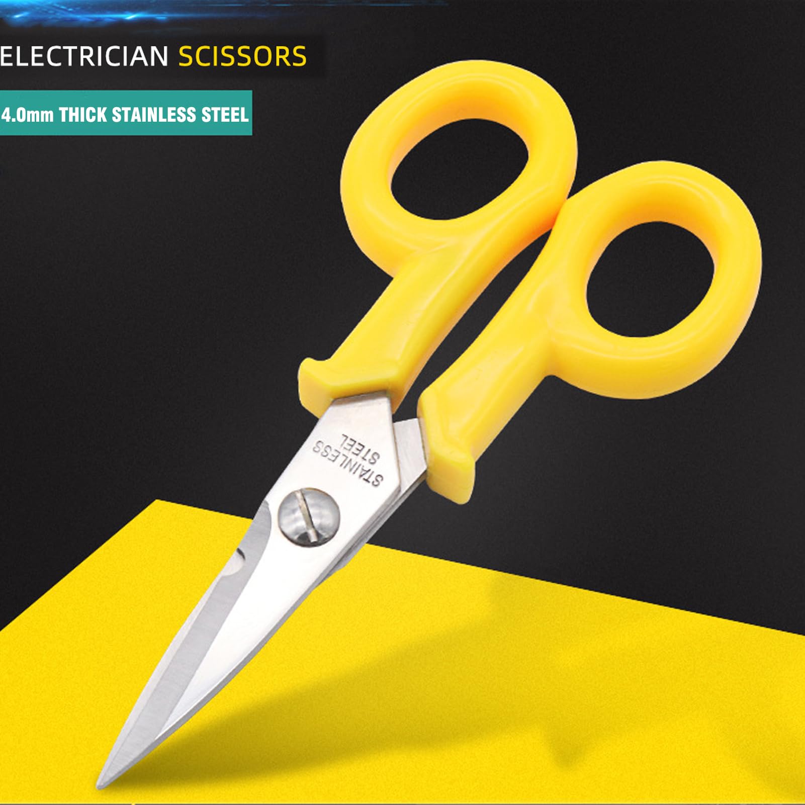 Electricians Scissors Fiber Optic Scissors, Electrician Scissors 5.5 inch, 3mm Thick 2Cr13 Stainless Steel, Heavy-Duty Cable Cutters for Technicians, Electricians, Installers, Yellow (1)