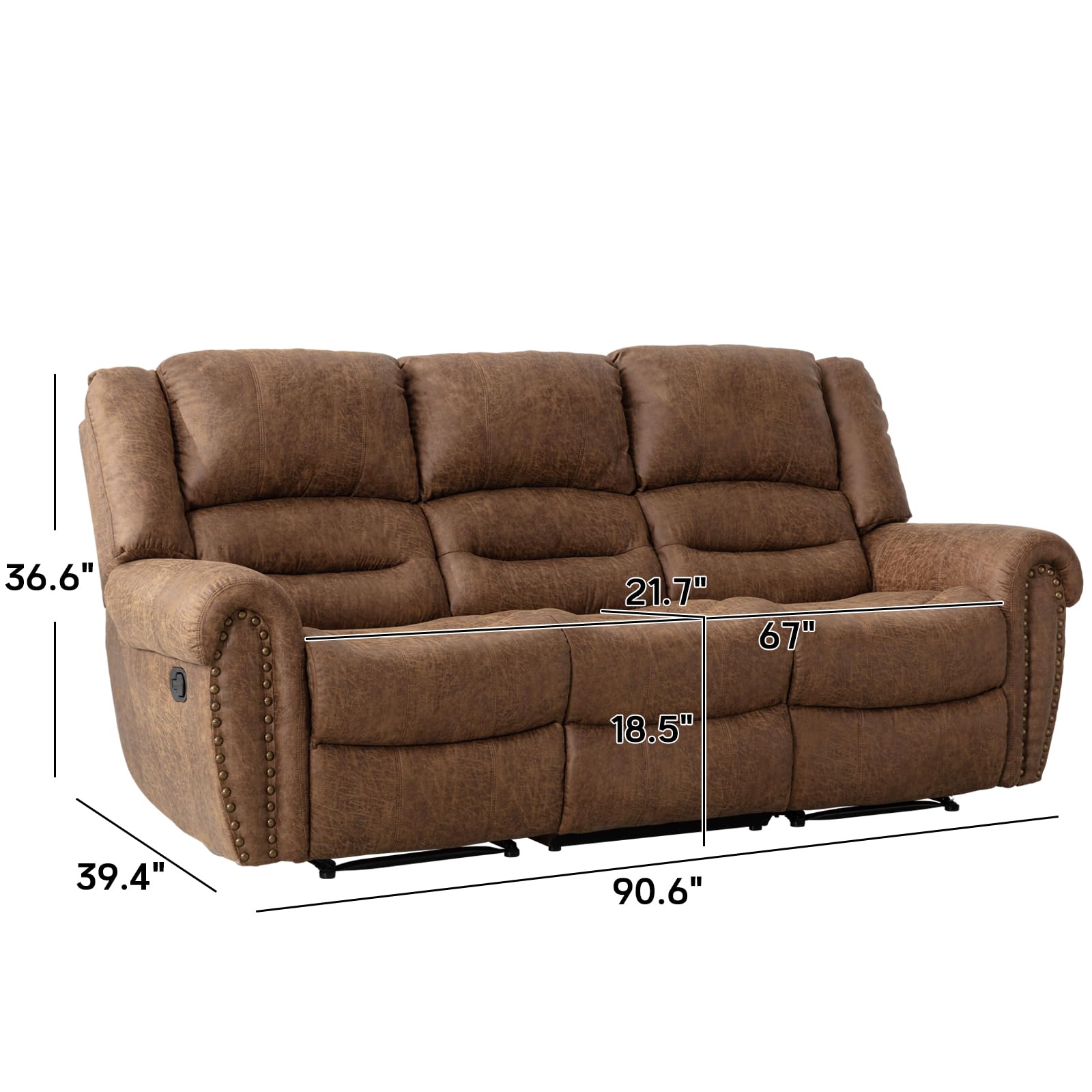 CANMOV Faux Leather Manual Reclining Sofa,3 Seat Recliner Couch Sofa with Overstuffed Comfortable Armrest and Backrest for Living Room, Office(Nut Brown, Sofa)