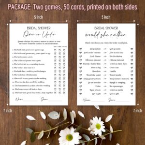 Tuiemie Minimalism Bridal Shower Game Cards, Wedding Shower Game Cards for 50 Guests, Double-Sided Game Cards, Over or Under Game and Would She Rather Game(xnbs04)