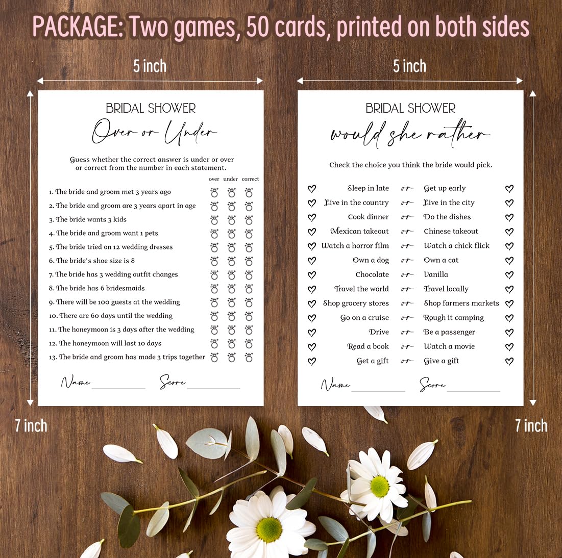 Tuiemie Minimalism Bridal Shower Game Cards, Wedding Shower Game Cards for 50 Guests, Double-Sided Game Cards, Over or Under Game and Would She Rather Game(xnbs04)