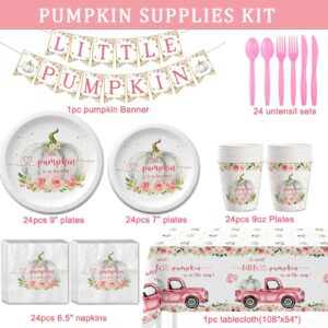 Yuzioey 177pcs Pumpkin Baby Shower Decorations, A Little Pumpkin is On The Way, Fall Pink Pumpkin Disposable Dinnerware (Serve 25 Guests)with Paper Plates Cups Napkins, Banner Tablecloth