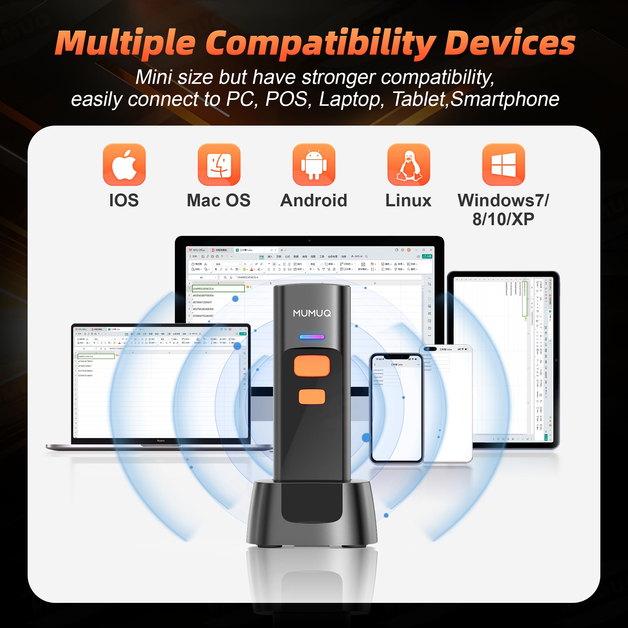 MUMUQ Wireless Barcode Scanner Mini Bluetooth 1D 2D QR Bar Code Scanner 3-in-1 Bluetooth & 2.4G & USB Wire Barcode Reader Compatible with Windows Android iOS Tablet PC (with Charging Dock)