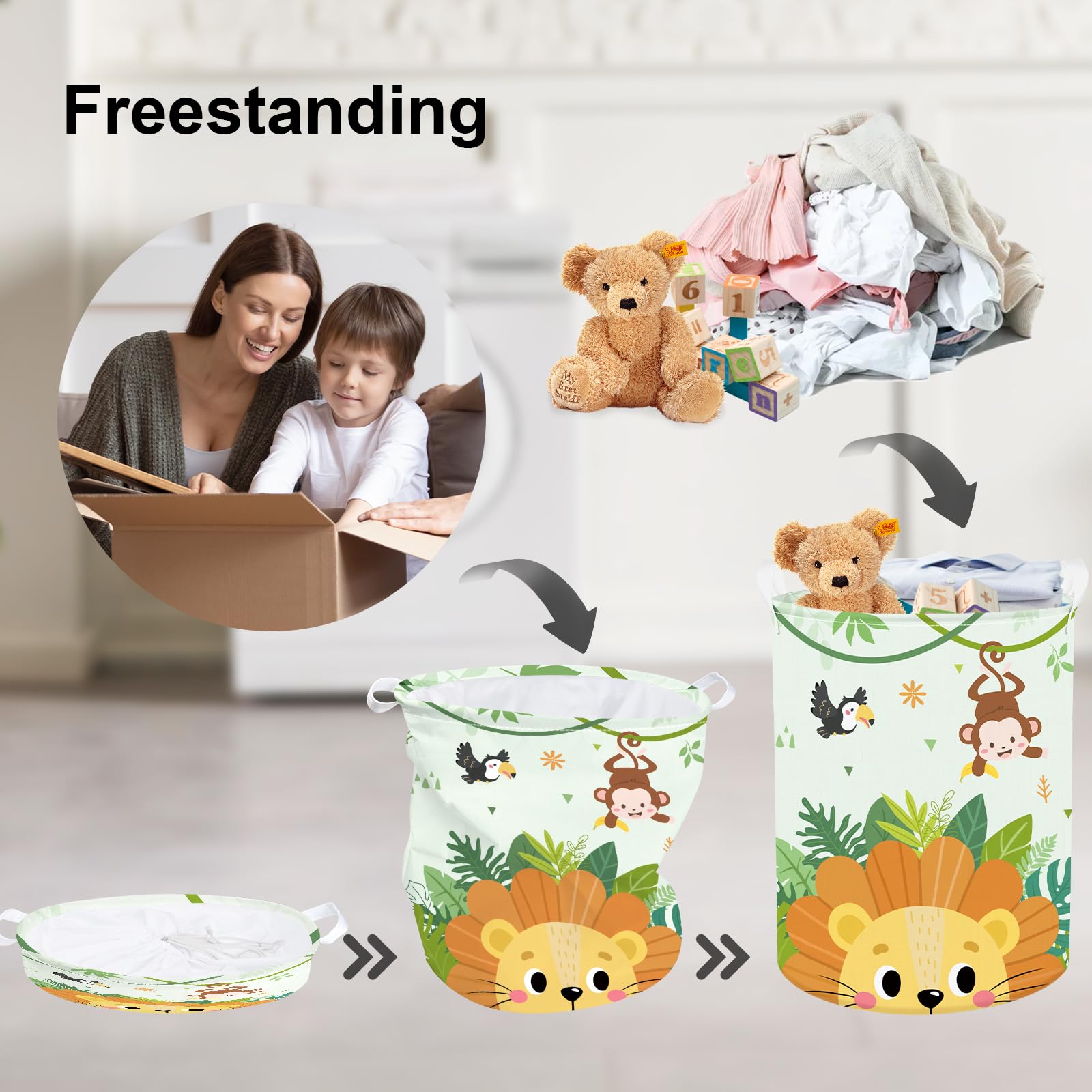 Clastyle 45L Large Green Jungle Lion Kid Laundry Hamper with Handle Collapsible Monkey Bird Clothes Toy Storage Basket with Lid for Nursery