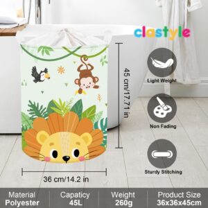 Clastyle 45L Large Green Jungle Lion Kid Laundry Hamper with Handle Collapsible Monkey Bird Clothes Toy Storage Basket with Lid for Nursery