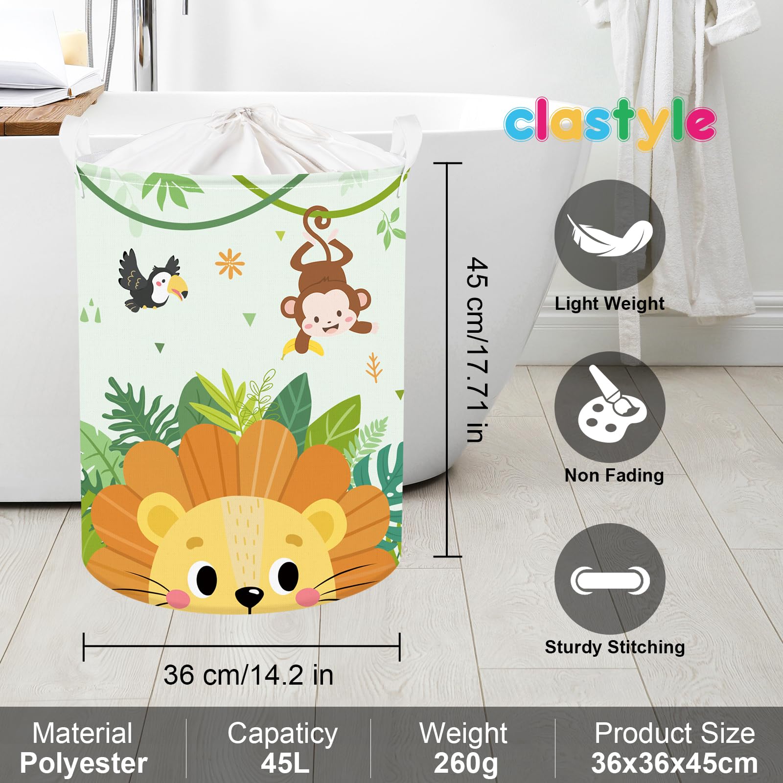 Clastyle 45L Large Green Jungle Lion Kid Laundry Hamper with Handle Collapsible Monkey Bird Clothes Toy Storage Basket with Lid for Nursery