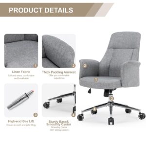 Home Office Chair, Modern High Back Accent Chair, Height Adjustable Task Chair, Computer Desk Chair with Silent Swivel Wheels, Linen Fabric Armchair for Living Room Bedroom, Gray, Grey, JX1665