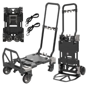 2 in 1 folding hand truck dolly, 330lb heavy duty carrying with 4 wheels foldable, portable dolly with retractable handle, include 2 bungee cords, for moving, luggage, office